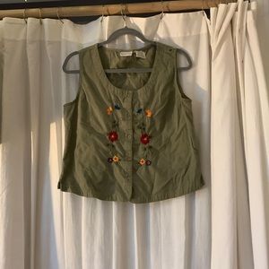 Vintage Green Embroidered Button Up Tank Top